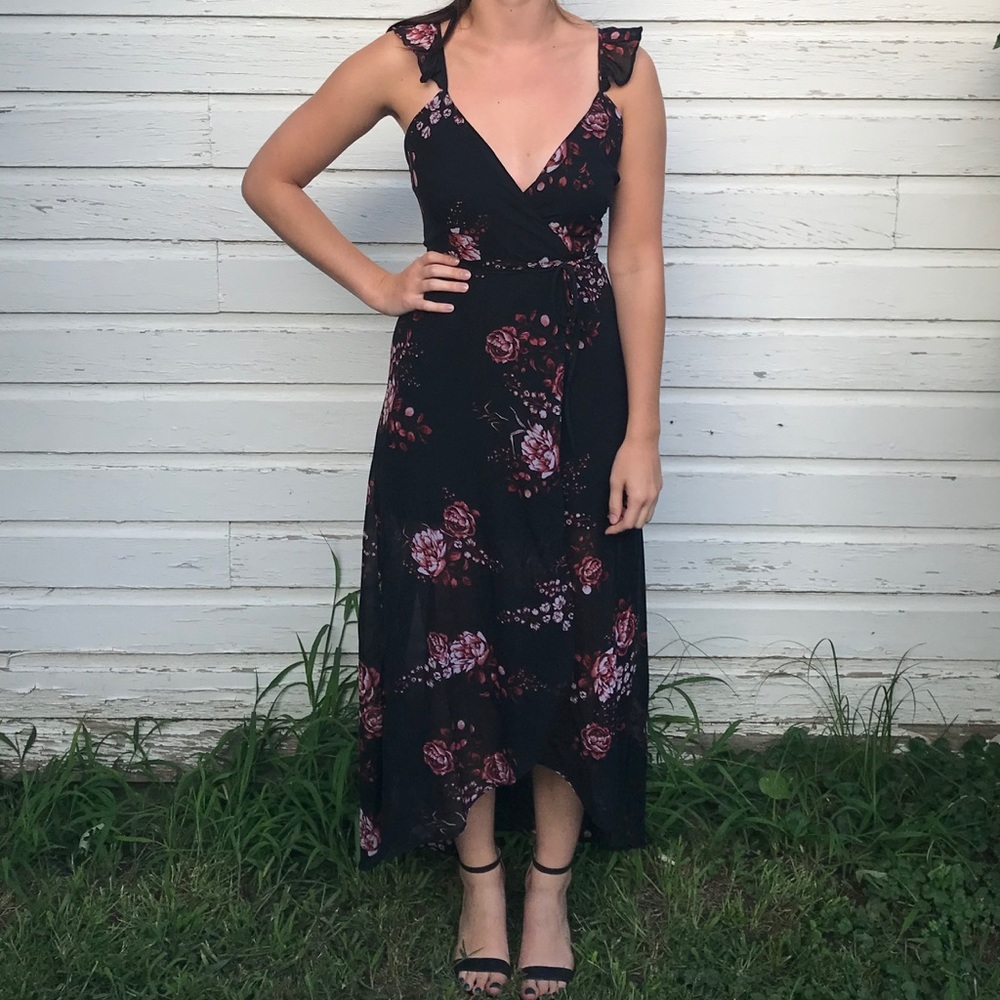 Black & Pink Floral High-Low Wrap Dress